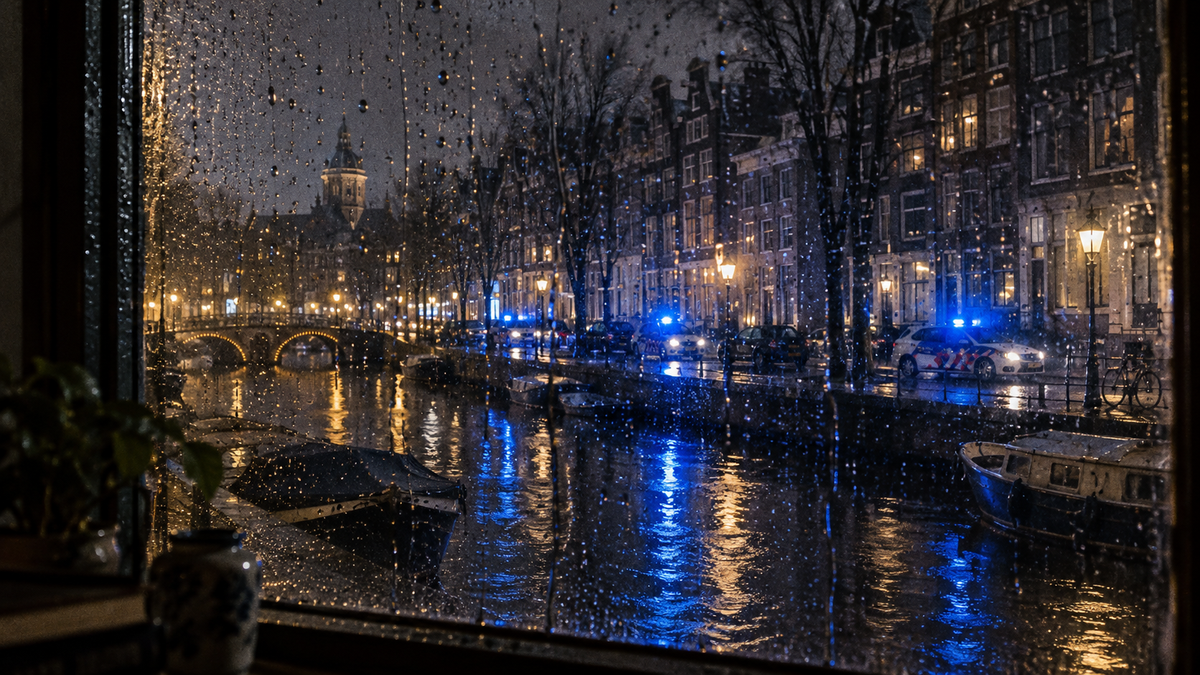 Politie zwaailichten achter een regenachtig raam