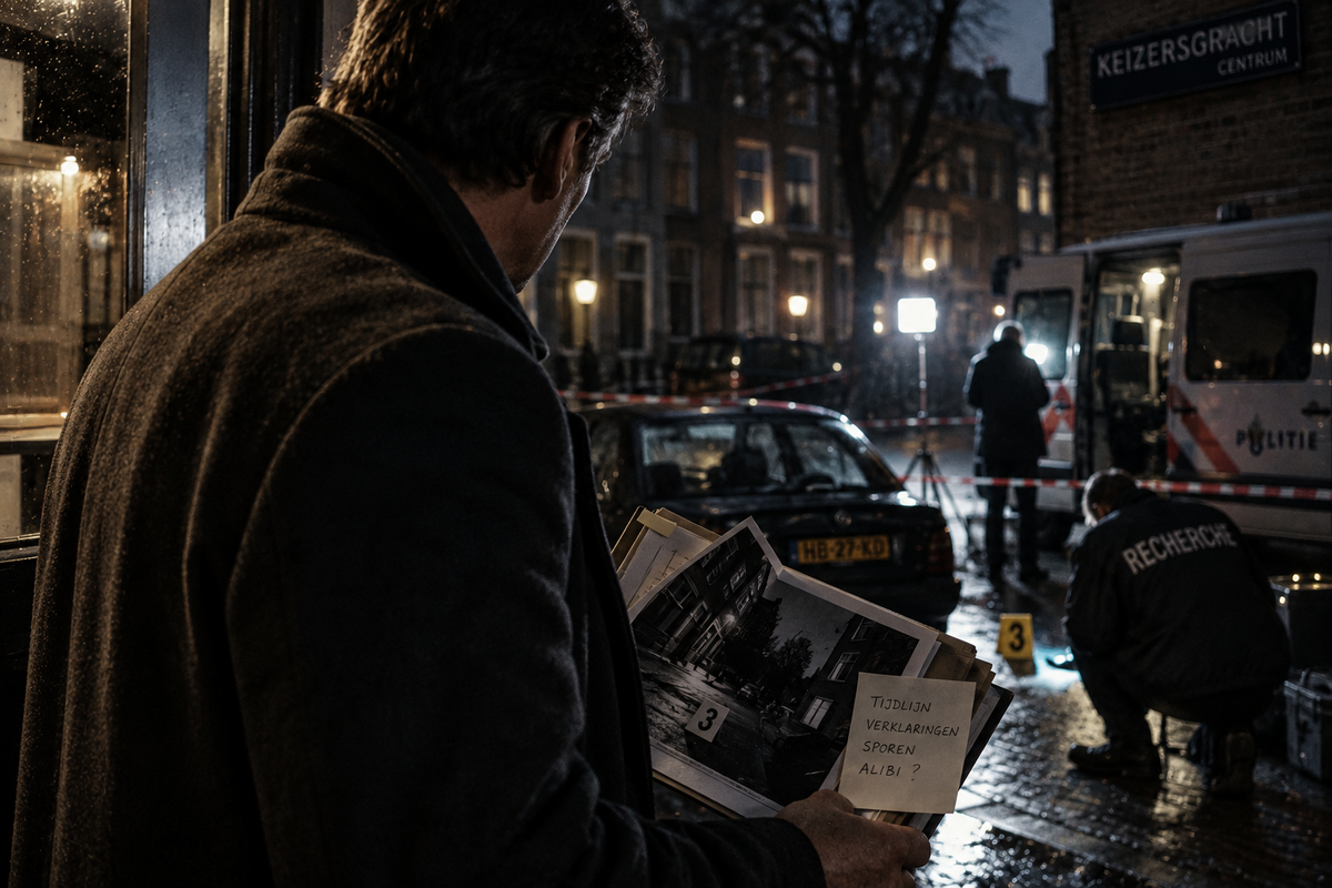 Rechercheur onderzoekt een moordzaak tijdens een nachtelijk rechercheonderzoek in Amsterdam